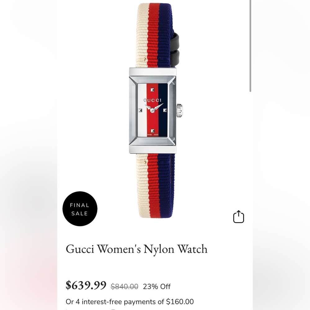 NEW Gucci Red, White, Blue Adjustable Nylon Strap Silver Watch